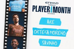 曼城公布12月队内最佳候选：阿克、奥尔特加和萨维尼奥入选
