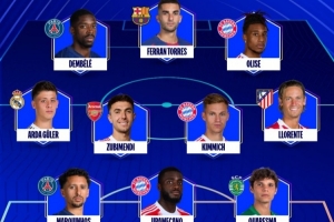 欧冠官方本周最佳阵：登贝莱、奥利塞、费兰领衔锋钱，居莱尔在列